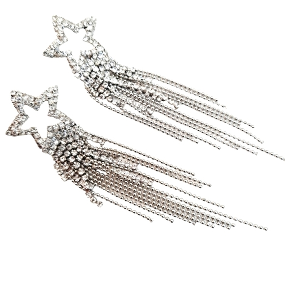 💖 Rhinestone Shooting stars tassel silver Statement formal dangle Earrings new - Picture 5 of 15